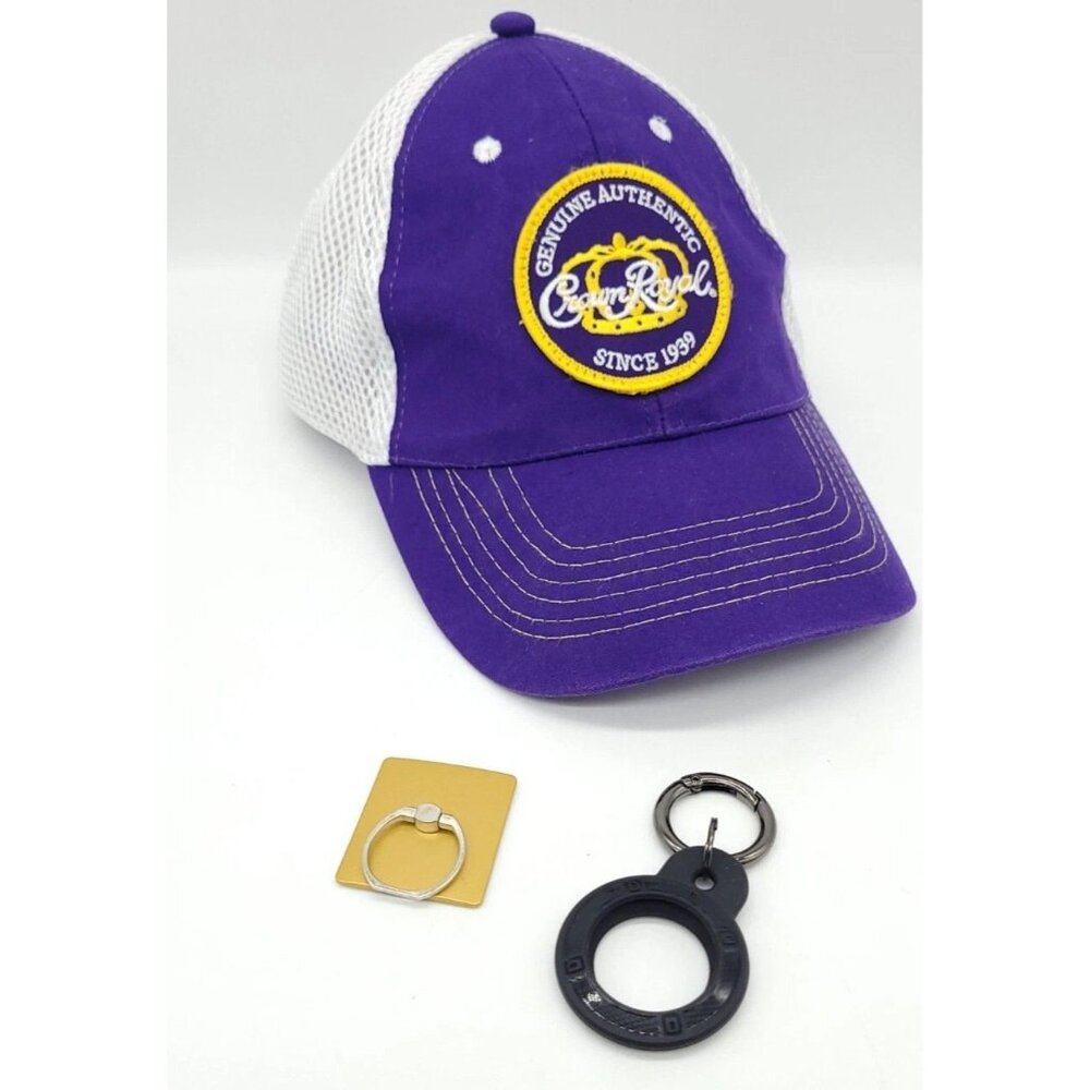 Crown Royal Hat Cap Purple White Gold Mesh Back Adjustable Strap w/bonus items.